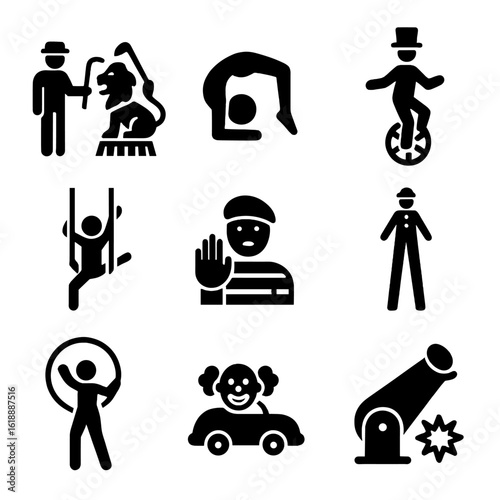 Circus Act Icons. Solid, filled icon set of circus acts: lion tamer, contortionist, unicyclist, aerial silk artist, mime, stilt