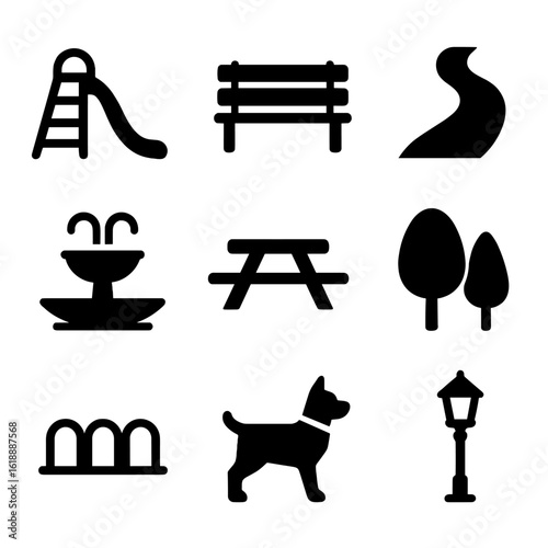 City Park Icons. Solid, filled icon set of city parks: playground slide, park bench, walking path, fountain, picnic table, trees,