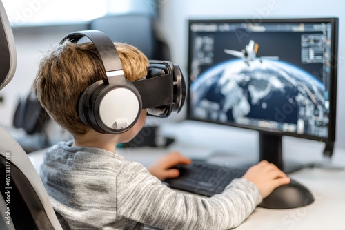 A child using a virtual reality headset sits in front of a computer displaying a space-themed image, exploring immersive technology.
