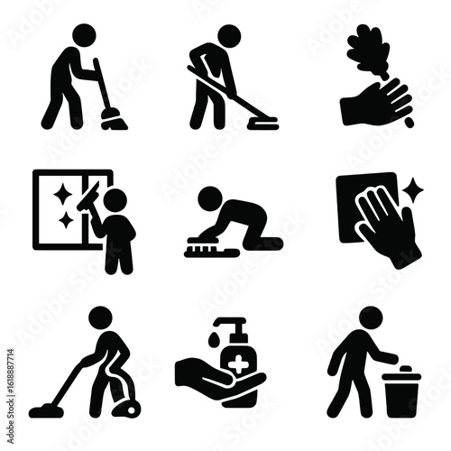 Cleaning Activities Icons. Solid, filled icon set of cleaning activities: sweeping, mopping, dusting, washing windows, scrubbing