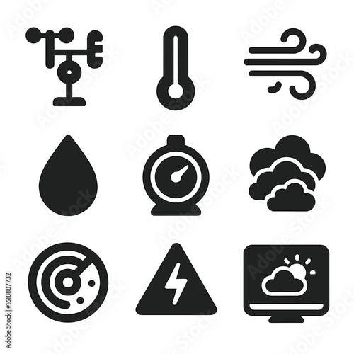 Climate Icon Set. Solid, filled icon set of climate forecasting: weather station, thermometer, wind speed, humidity, pressure,