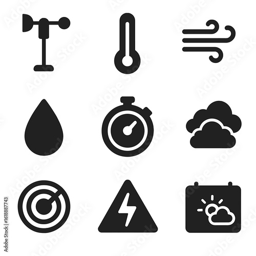 Climate Icon Set. Solid, filled icon set of climate forecasting: weather station, thermometer, wind speed, humidity, pressure,
