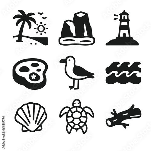 Coastal Icon Set. Solid, filled icon set of coastal environment: beach, rock formation, tide pool, lighthouse, seabird, waves,