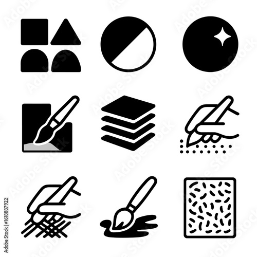 Color Techniques Icons. Solid, filled icon set of artistic color techniques: color blocking, shading, highlighting, blending,