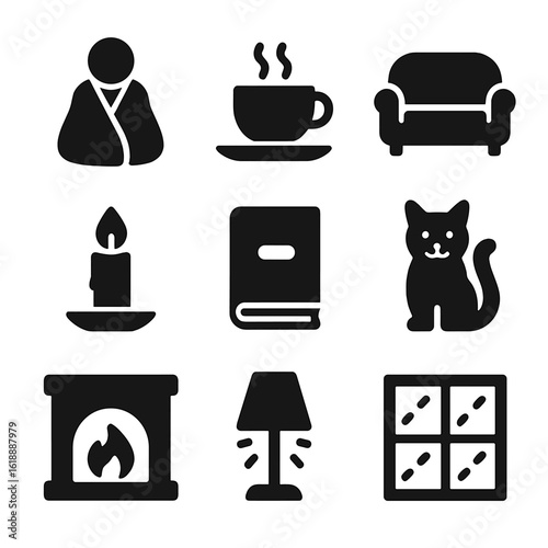 Comfort Icon Set. Solid, filled icon set of Everyday tasks enhanced by exoskeletons: carrying groceries, lifting furniture,