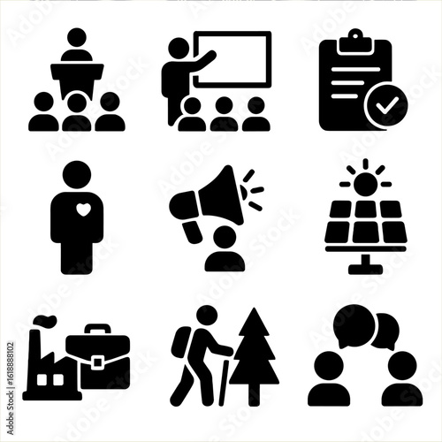 Community Involvement Icons. Solid, filled icon set of community involvement: public meeting, education session, feedback form,
