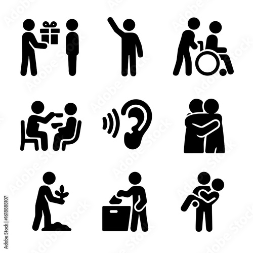 Icons of Compassion. Solid, filled icon set of acts of compassion: giving gift, volunteer, nursing care, feeding others, listening