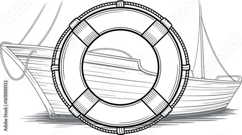 Vintage sketch of a life preserver ring in front of a sailing ship on the water