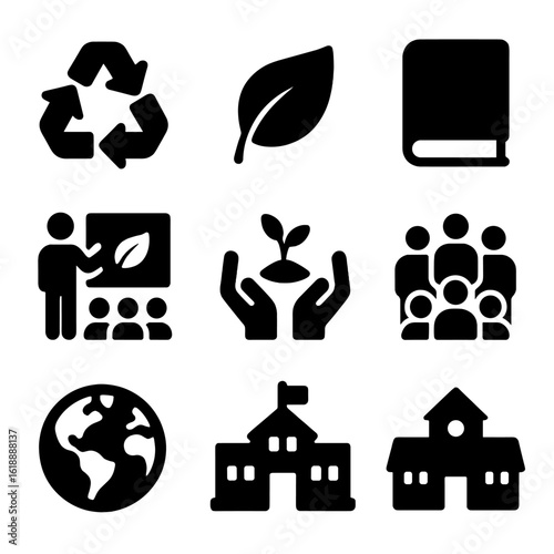 Composting Icon Set. Solid, filled icon set of composting awareness and education: recycle symbol, leaf, book, presentation,