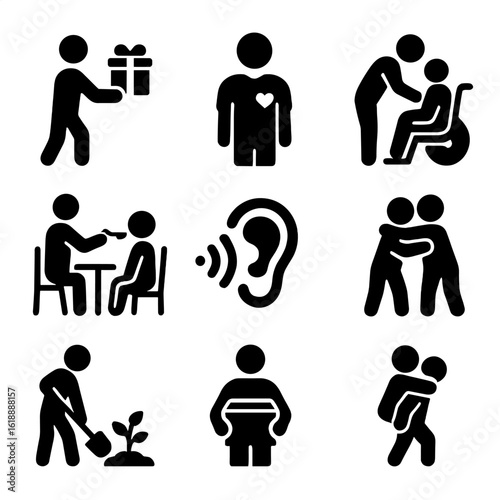Icons of Compassion. Solid, filled icon set of acts of compassion: giving gift, volunteer, nursing care, feeding others, listening