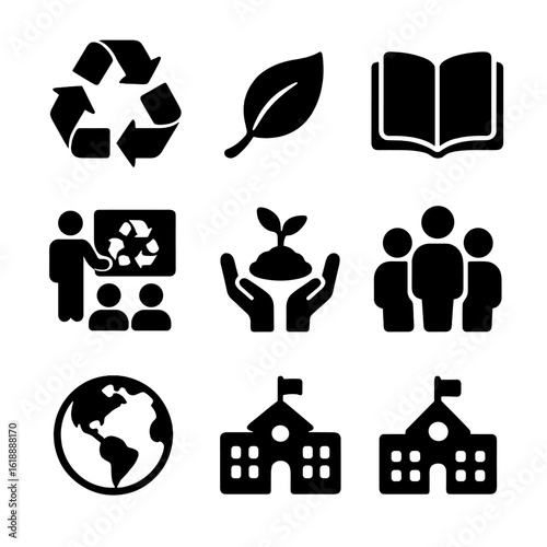 Composting Icon Set. Solid, filled icon set of composting awareness and education: recycle symbol, leaf, book, presentation,