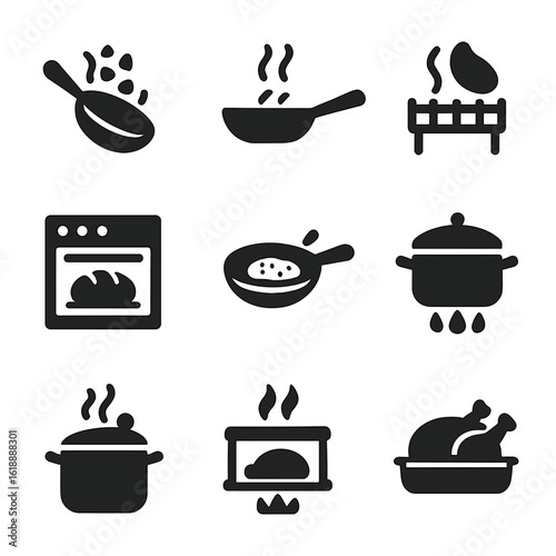Cooking Style Icons. Solid, filled icon set of cooking styles: stir-fry, sauté, grilling, baking, frying, boiling, steaming,
