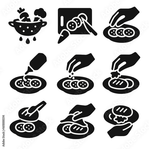 Cooking Icons Grid. Solid, filled icon set of plating steps: washing vegetables, slicing, arranging, drizzling sauce, sprinkling
