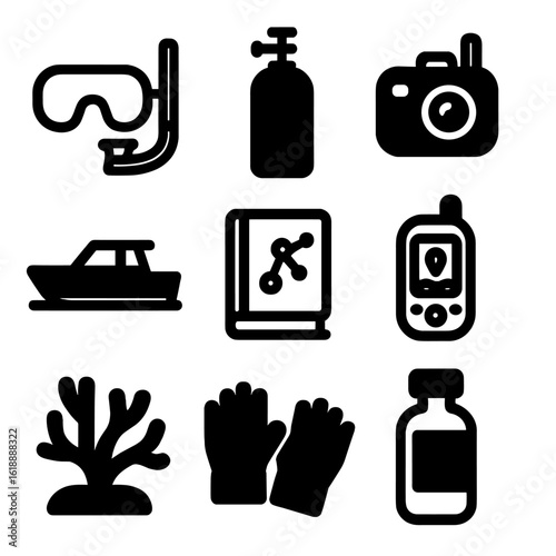 Coral Conservation Icons. Solid, filled icon set of coral reef conservation tools: snorkel mask, scuba tank, underwater camera,