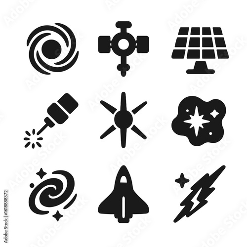 Cosmic Power Icons. Solid, filled icon set of cosmic power harnessing: black hole, space station, solar panel, laser, pulsar,