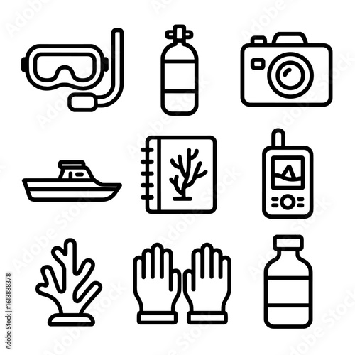 Coral Conservation Icons. Solid, filled icon set of coral reef conservation tools: snorkel mask, scuba tank, underwater camera,