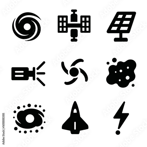 Cosmic Power Icons. Solid, filled icon set of cosmic power harnessing: black hole, space station, solar panel, laser, pulsar,