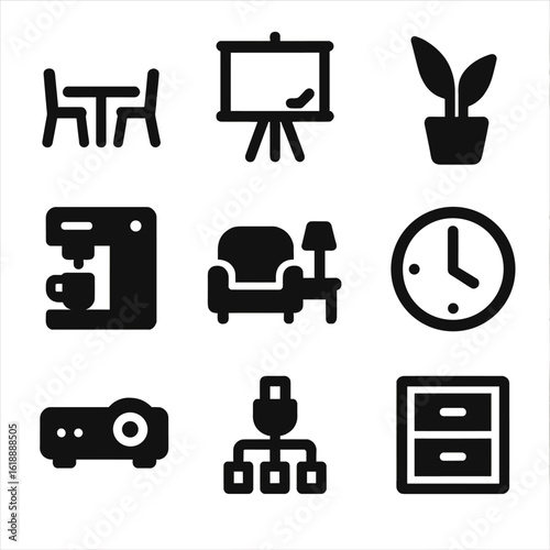 Coworking Space Essentials. Solid, filled icon set of coworking space essentials: shared desk, whiteboard, potted plant, coffee