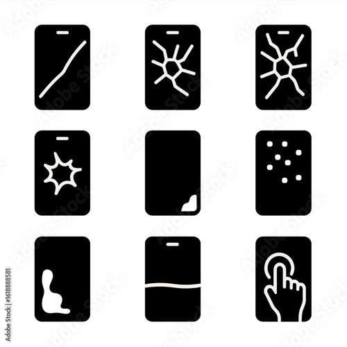 Cracked Screen Icons. Solid, filled icon set of cracked screen types: hairline crack, shattered glass, spiderweb fracture, impact