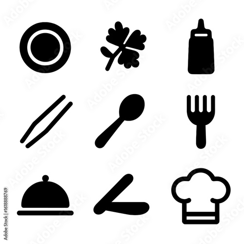 Culinary Icon Grid. Solid, filled icon set of Food presentation and plating: plate, garnish, sauce bottle, tweezers, spoon, fork,