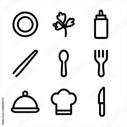 Culinary Icon Grid. Solid, filled icon set of Food presentation and plating: plate, garnish, sauce bottle, tweezers, spoon, fork,