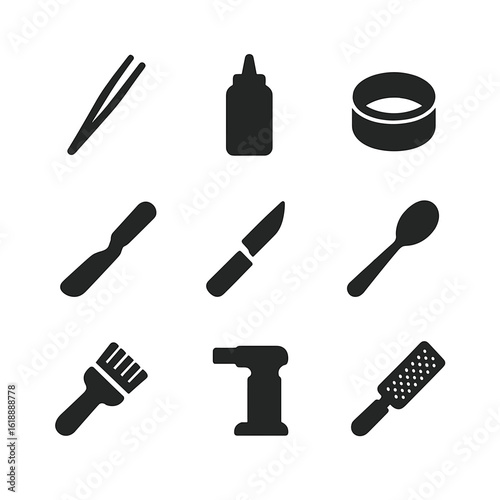 Culinary Tools Icons. Solid, filled icon set of culinary artistry tools: chef’s tweezers, squeeze bottle, plating ring, offset