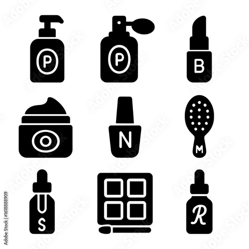 Custom Beauty Icons. Solid, filled icon set of personalized beauty products: custom lotion bottle, tailored perfume spray, bespoke