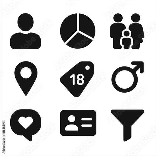 Customer Segmentation Icons. Solid, filled icon set of customer segmentation tools: user profile, segmentation pie, demographic
