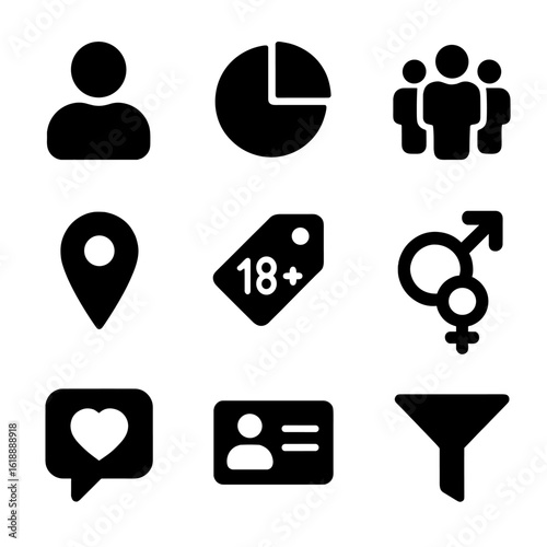 Customer Segmentation Icons. Solid, filled icon set of customer segmentation tools: user profile, segmentation pie, demographic