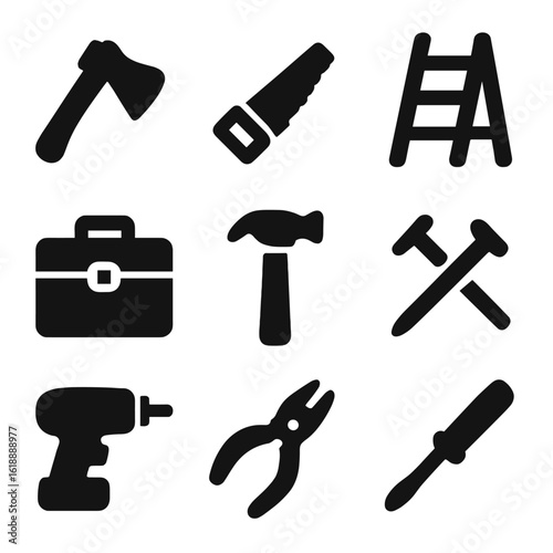 Dacha Tool Icons. Solid, filled icon set of tools for dacha upkeep: ax, saw, ladder, toolbox, hammer, nails, drill, pliers,