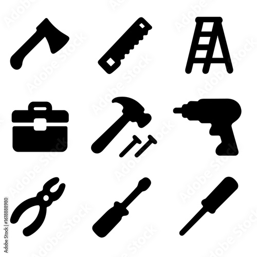 Dacha Tool Icons. Solid, filled icon set of tools for dacha upkeep: ax, saw, ladder, toolbox, hammer, nails, drill, pliers,