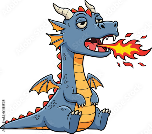 Tired cartoon dragon breathing fire, blue scales, orange wings and belly, sitting pose, cad drawing flat vector illustration, fantasy creature