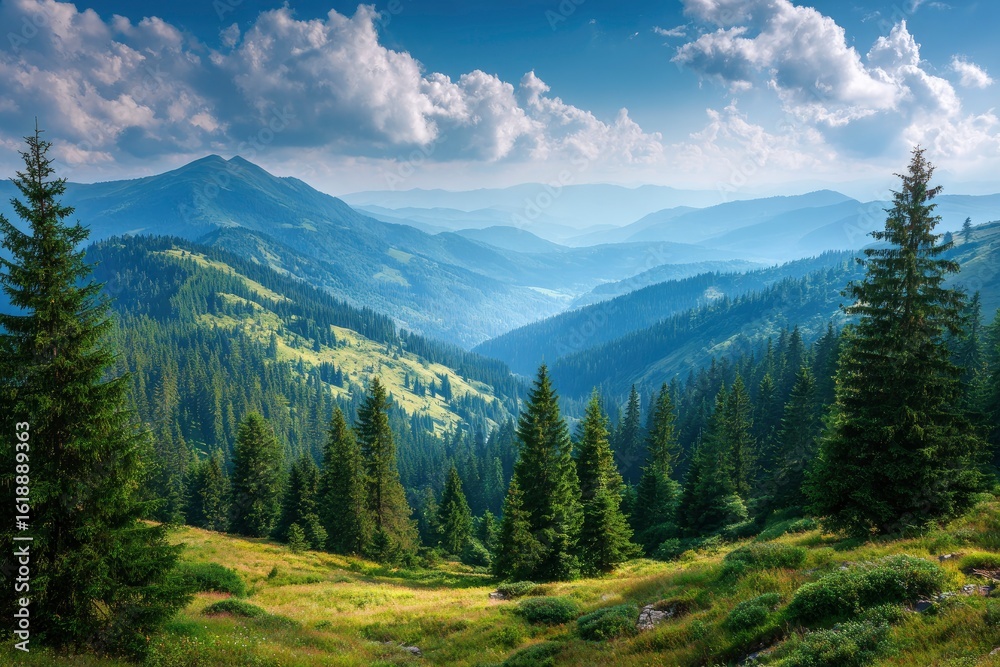 Fototapeta premium Verdant mountains with distant peaks under a blue sky dotted with fluffy clouds