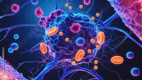 3D Medical Illustration of Tumor Microenvironment – Cancer Cell Interaction with Blood and Immune Cells
