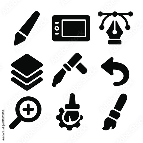 Digital Drawing Tools. Solid, filled icon set of digital drawing: stylus, graphics tablet, vector pen, layers panel, color picker,