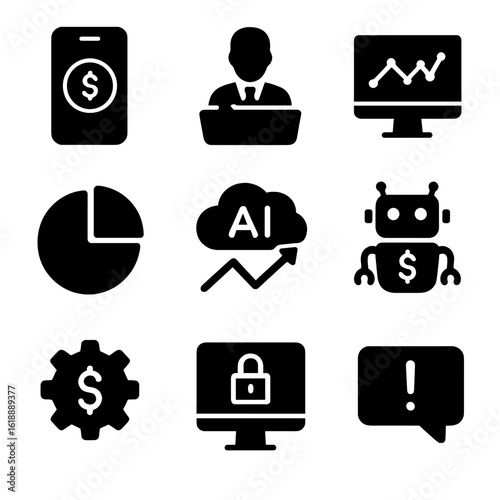 Digital Finance Icons. Solid, filled icon set of digital financial advising tools: mobile banking icon, virtual advisor, online