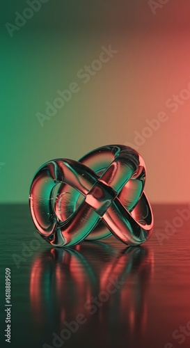 Glass Knot Sculpture with Green & Red Gradient Background, Abstract Shiny Reflection on Dark Surface, Modern Art Piece, Studio Shot