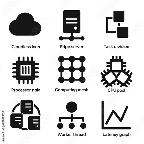 Distributed Computing Icons. Solid, filled icon set of distributed computing: cloudless icon, edge server, task division,