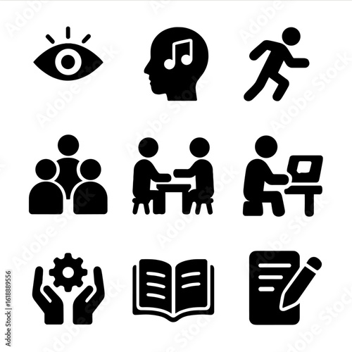 Diverse Learning Icons. Solid, filled icon set of diverse learning styles: visual learner, auditory learner, kinesthetic learner,