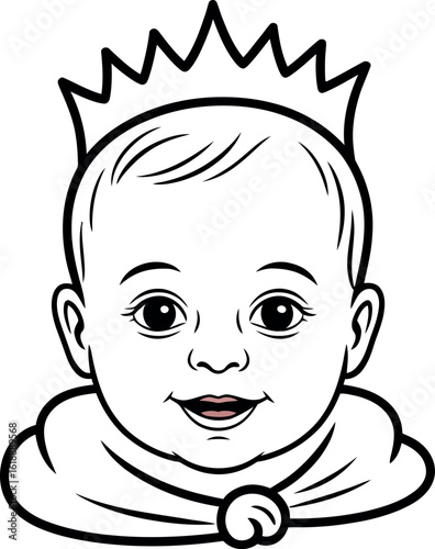 Adorable baby wearing a royal crown and regal cape with a happy expression
