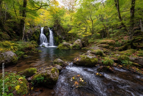 Waterfall cascades into a pond surrounded by mosscovered rocks in a verdant forest