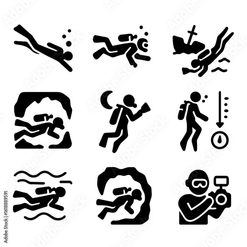 Diving Techniques Icons. Solid, filled icon set of diving techniques: free diving, scuba diving, wreck diving, cave diving, night