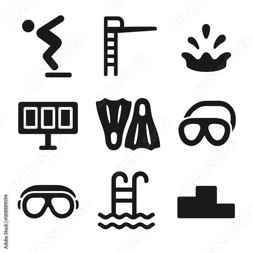 Diving Competition Icons. Solid, filled icon set of diving competition elements: diver in mid-air, diving platform, splash effect,