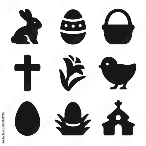 Easter Icon Grid. Solid, filled icon set of Easter traditions: bunny, Easter egg, basket, cross, lily flower, chick, chocolate egg
