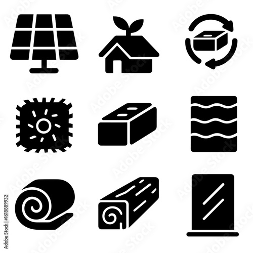 Eco-Friendly Building Icons. Solid, filled icon set of eco-friendly building materials: solar panel, green roof, recycled brick,