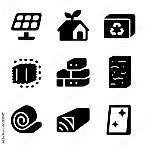 Eco-Friendly Building Icons. Solid, filled icon set of eco-friendly building materials: solar panel, green roof, recycled brick,