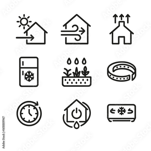 Eco-Friendly Home Icon Set. Solid, filled icon set of eco-friendly home features: passive solar design, natural ventilation, solar