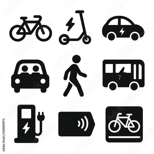 Eco-Friendly Icons Grid. Solid, filled icon set of eco-friendly transportation: bicycle, electric scooter, hybrid car, carpool