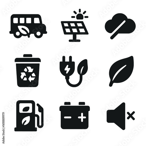 Eco-Friendly School Bus Icons. Solid, filled icon set of school bus environmental features: eco-friendly engine, solar panel,