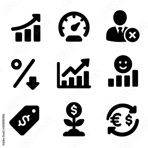 Economic Indicators Icons. Solid, filled icon set of economic indicators: GDP chart, inflation gauge, unemployment rate, interest